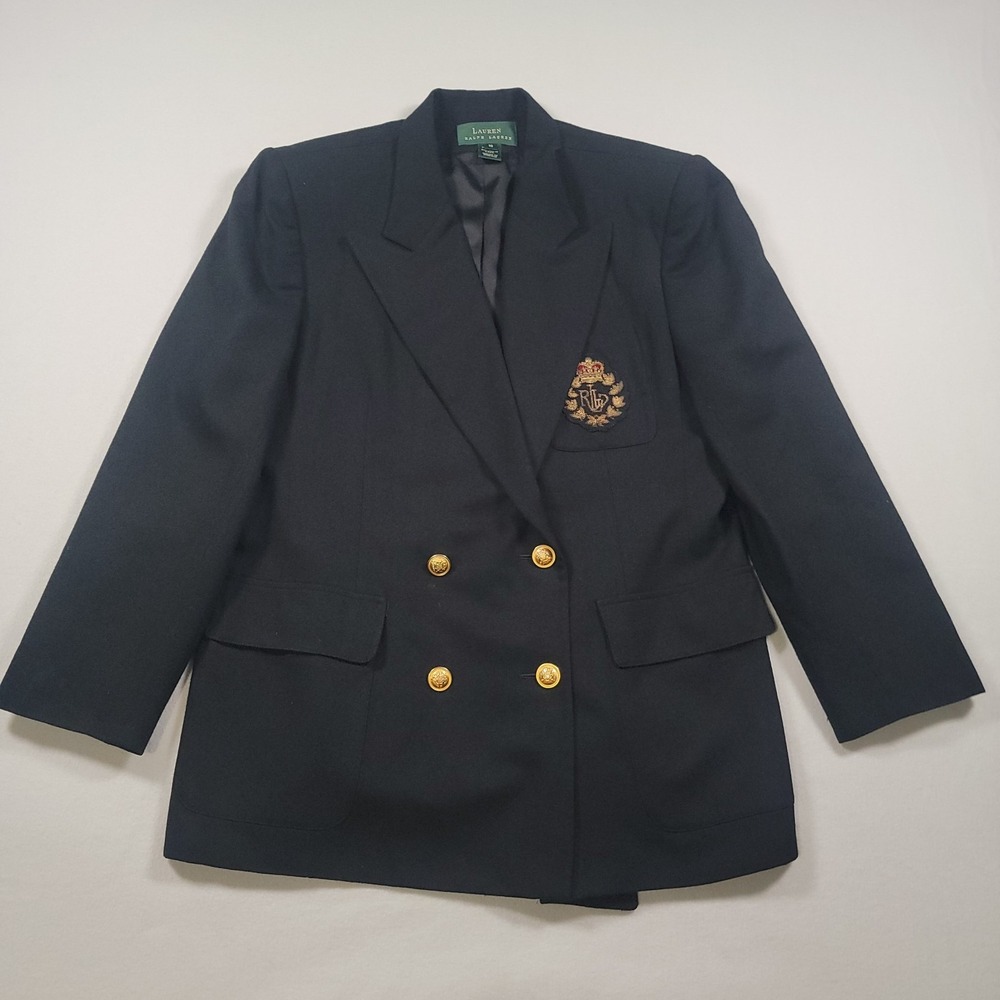 Vintage Lauren Ralph Lauren Black Double Breasted Wool Crest Logo Blazer Size 16 - Picture 2 of 15